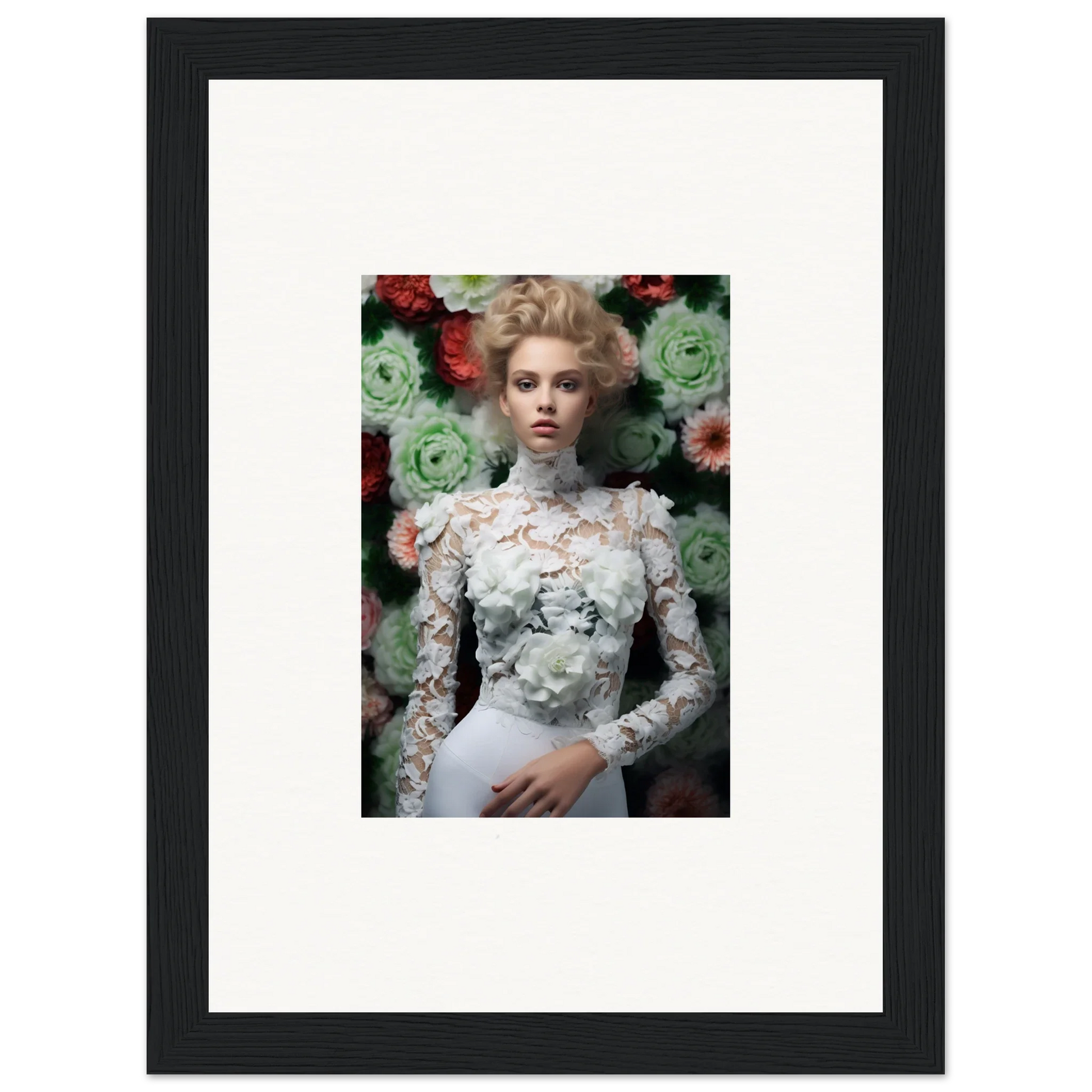 Framed portrait of a woman in an ornate white lace dress with floral background.