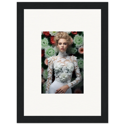 Framed portrait of a woman in an ornate white lace dress with floral background.