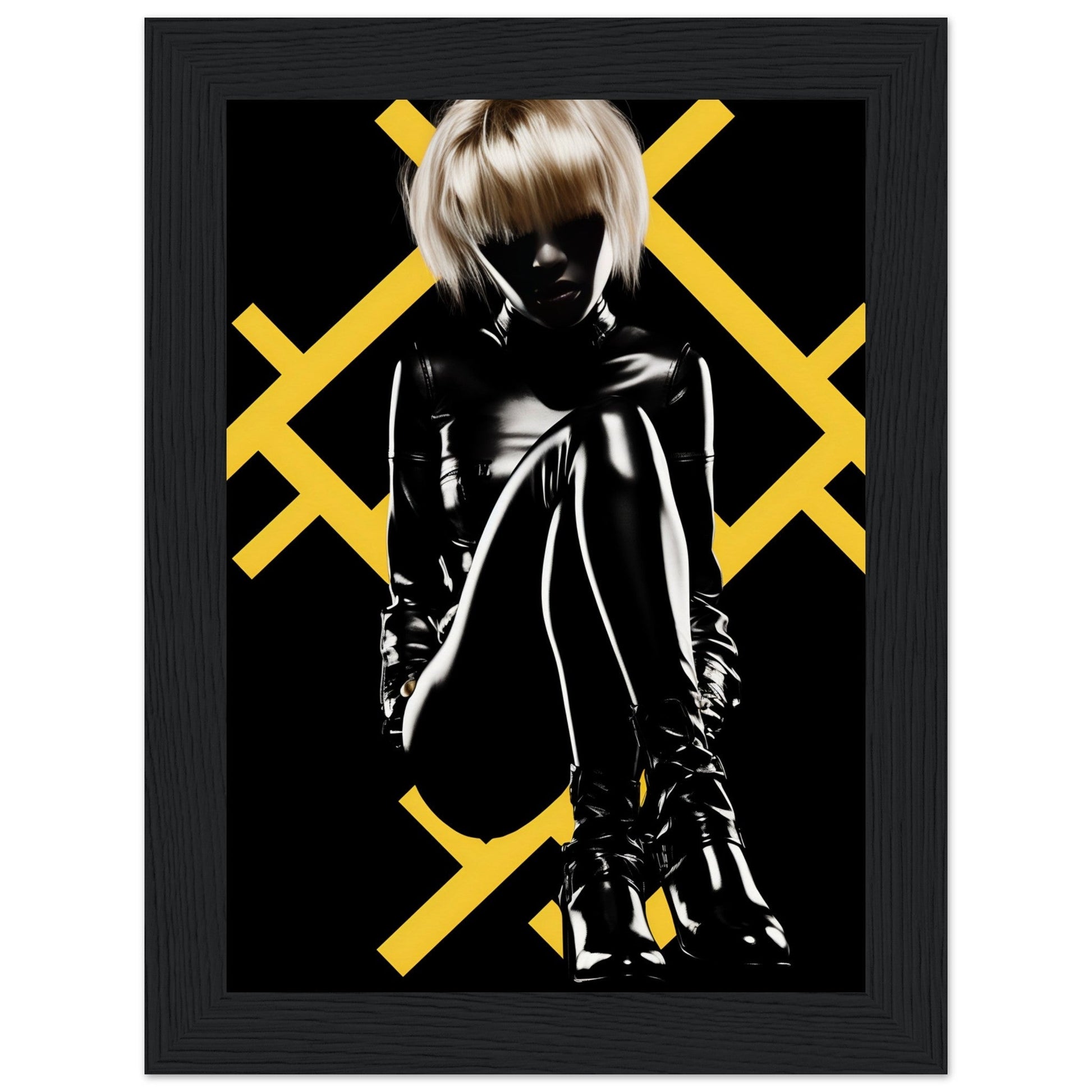 Silhouette of a person in shiny black clothing against a background with yellow X patterns.