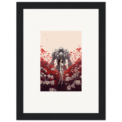 Framed canvas print of Crimson Boundary Whimsy with flowers and a robotic figure