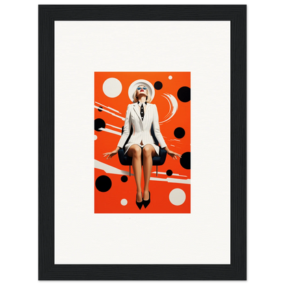 Framed canvas print of a woman in white suit on orange polka dots, perfect room decoration