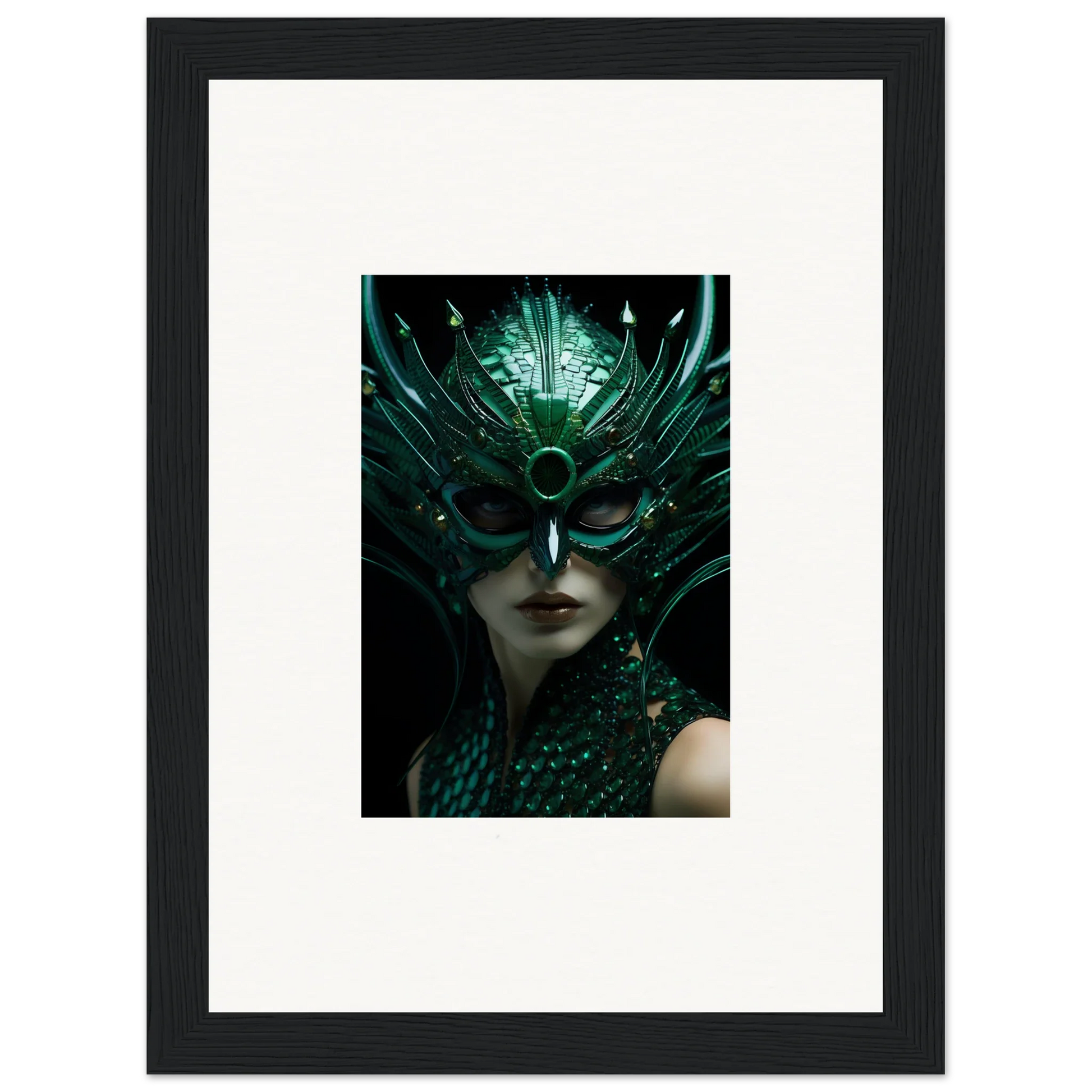 Ornate emerald green mask with feathers for Enigma Enunciations room decoration canvas print