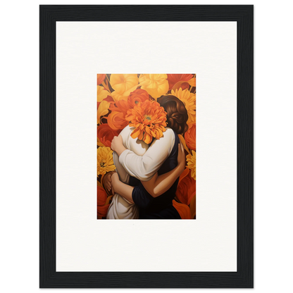 Framed canvas print showcasing Floral Euphoria Embrace with figures and an orange flower