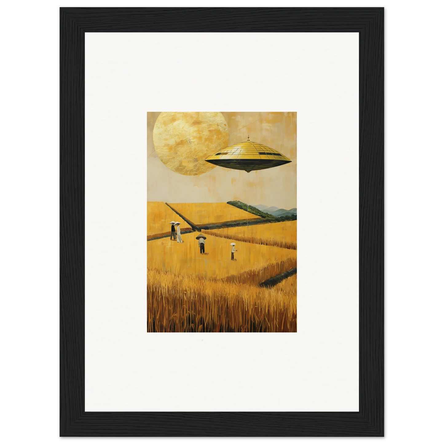 Flying saucer above a melancholy field with tiny figures, perfect for room decoration