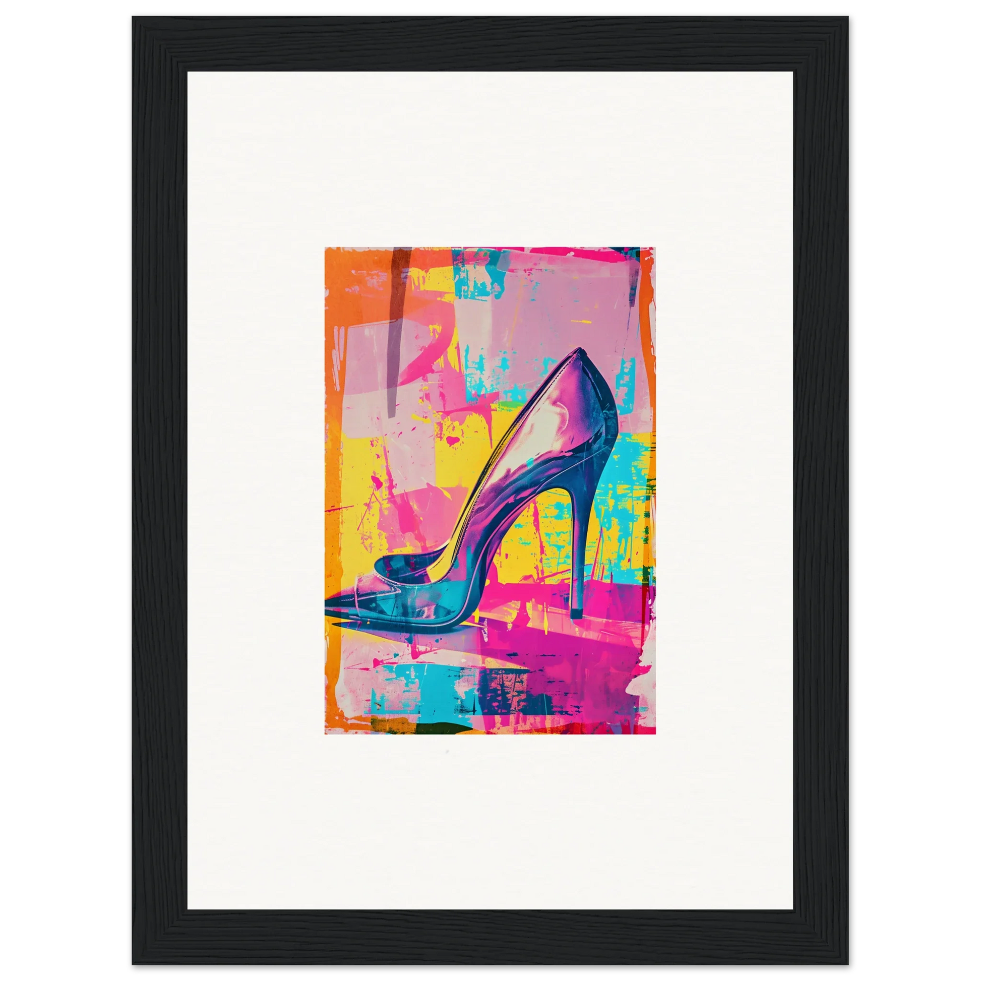 Colorful high-heeled shoe as framed wall art, showcasing the Heel Phenomenon in vibrant style