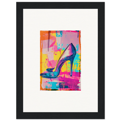 Colorful high-heeled shoe as framed wall art, showcasing the Heel Phenomenon in vibrant style