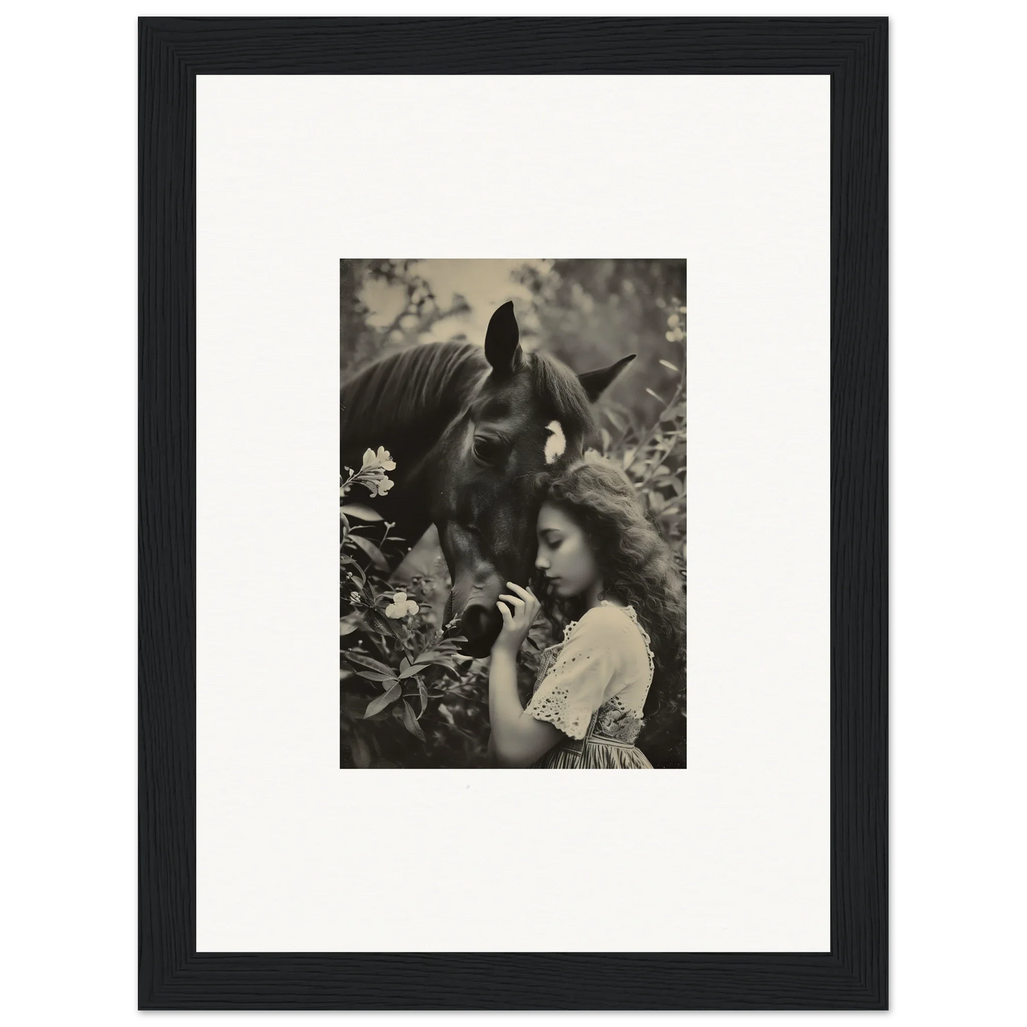 Black and white photo of a young girl and horse for Ethereal Equinox Whispers canvas print