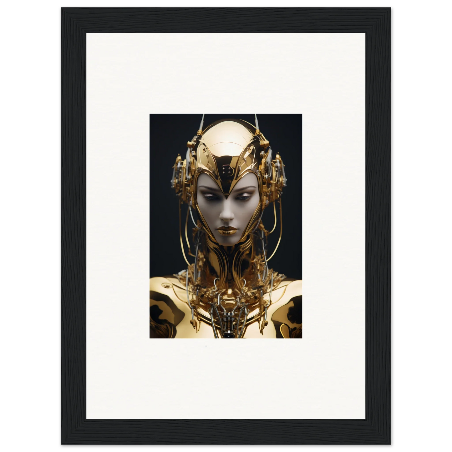 Futuristic golden robotic figure with ornate headdress for your Harlequin Chirping Inventrix canvas print