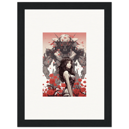 Framed canvas print of a woman facing a monster in vibrant red flowers for room decoration