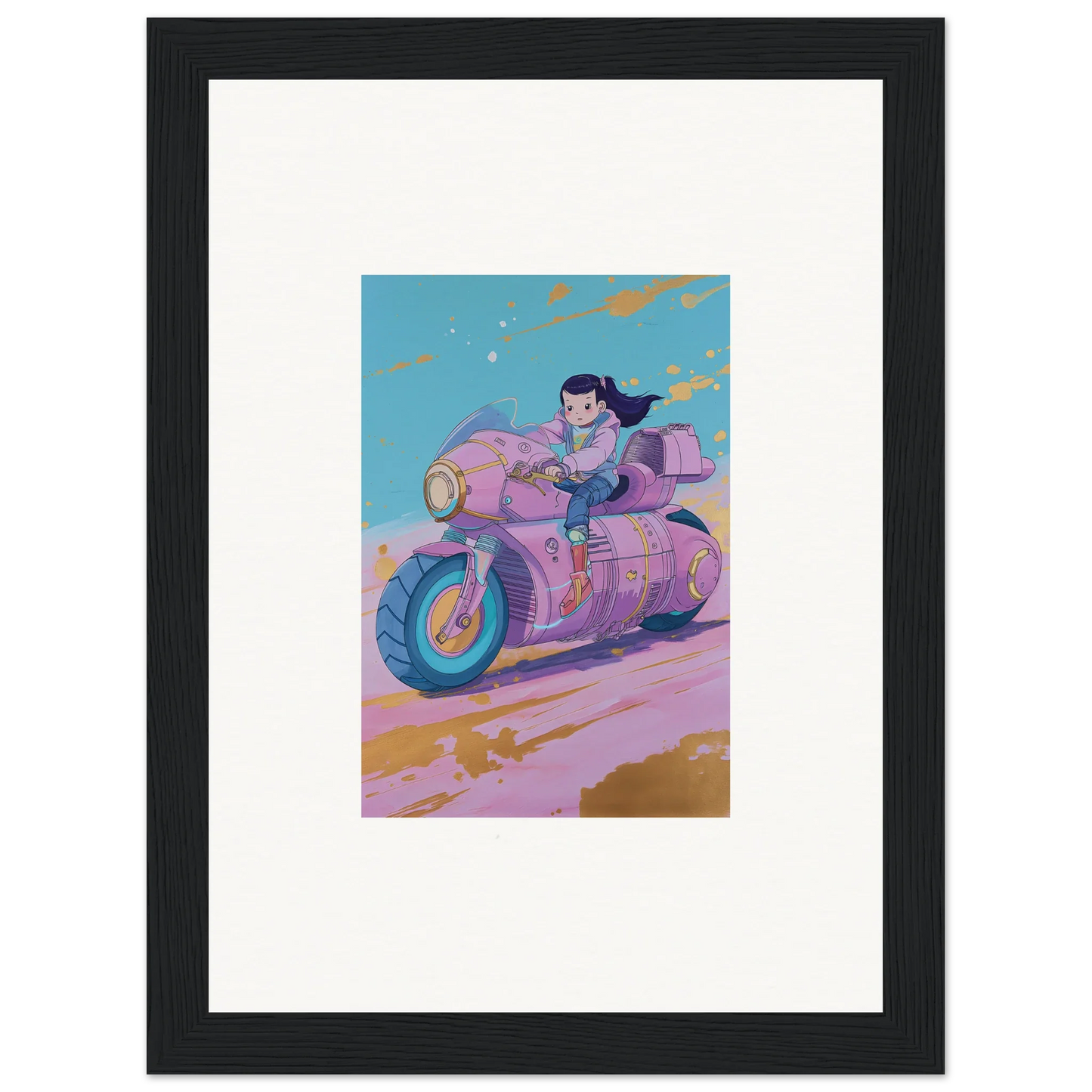 Cartoon character on a pink motorcycle for cool paintfall venture room decoration