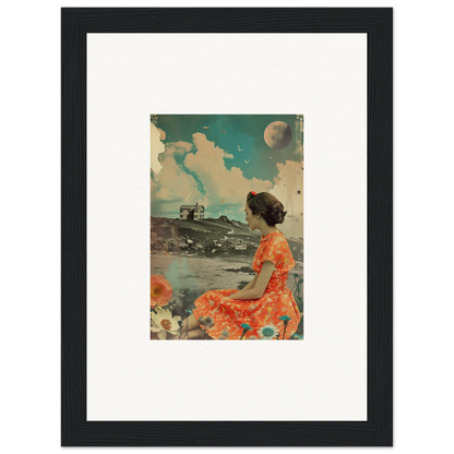 Framed vintage-style canvas print of a woman in an orange dress for color reverie room decoration