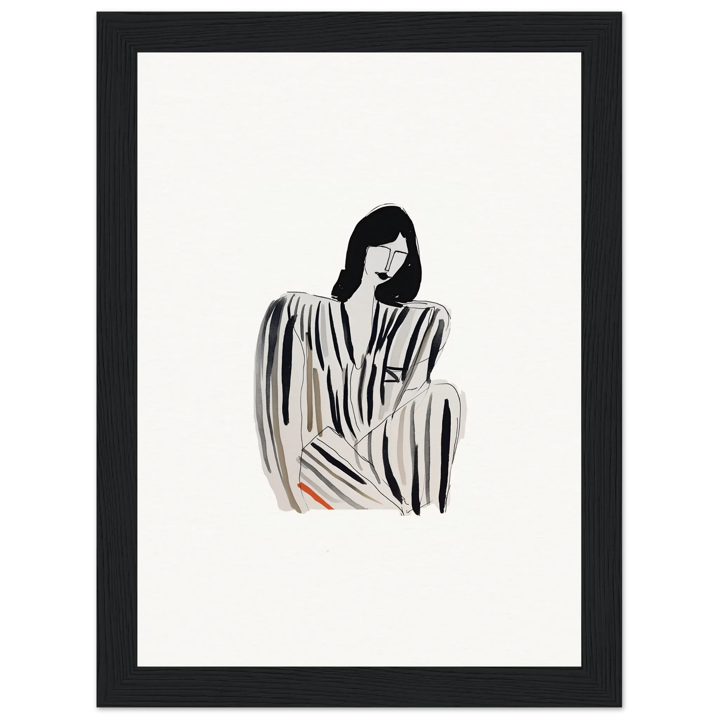 Minimalist black and white illustration of a woman in a striped dress for Whispers Formals