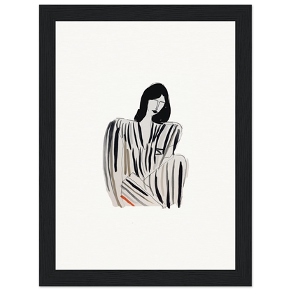 Minimalist black and white illustration of a woman in a striped dress for Whispers Formals