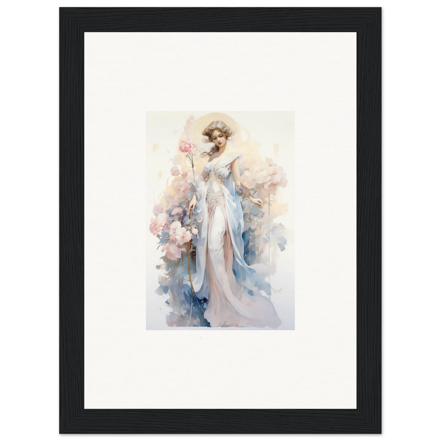 Framed watercolor of an elegant woman in blue gown for blossom serenade room decoration