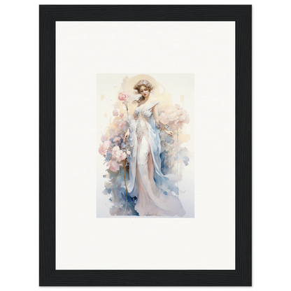 Framed watercolor of an elegant woman in blue gown for blossom serenade room decoration