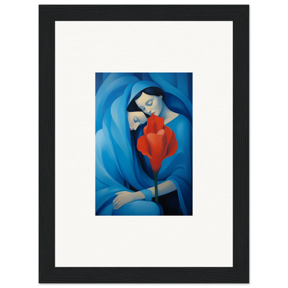 Framed canvas print of mother and child in blue and red, perfect for room decoration