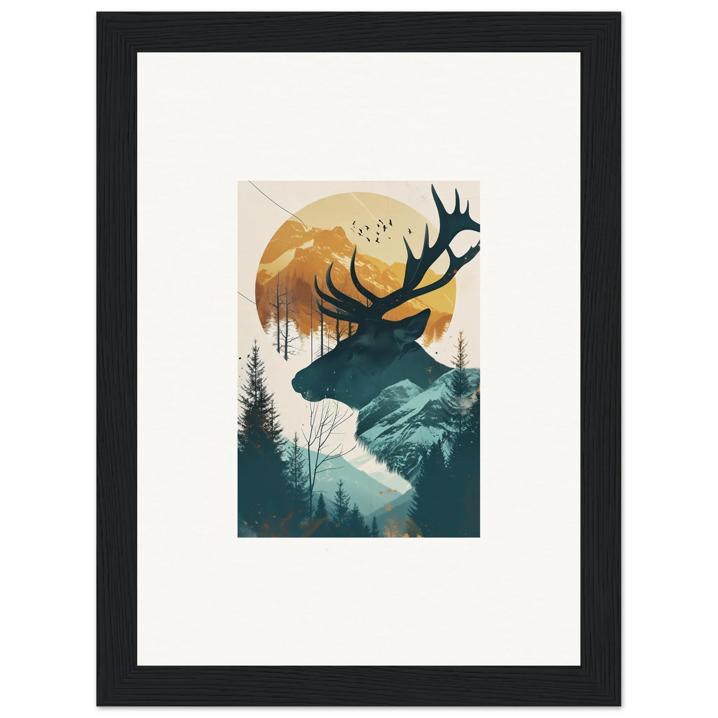 Stylized deer silhouette with antlers in a scenic nature canvas print for room decoration