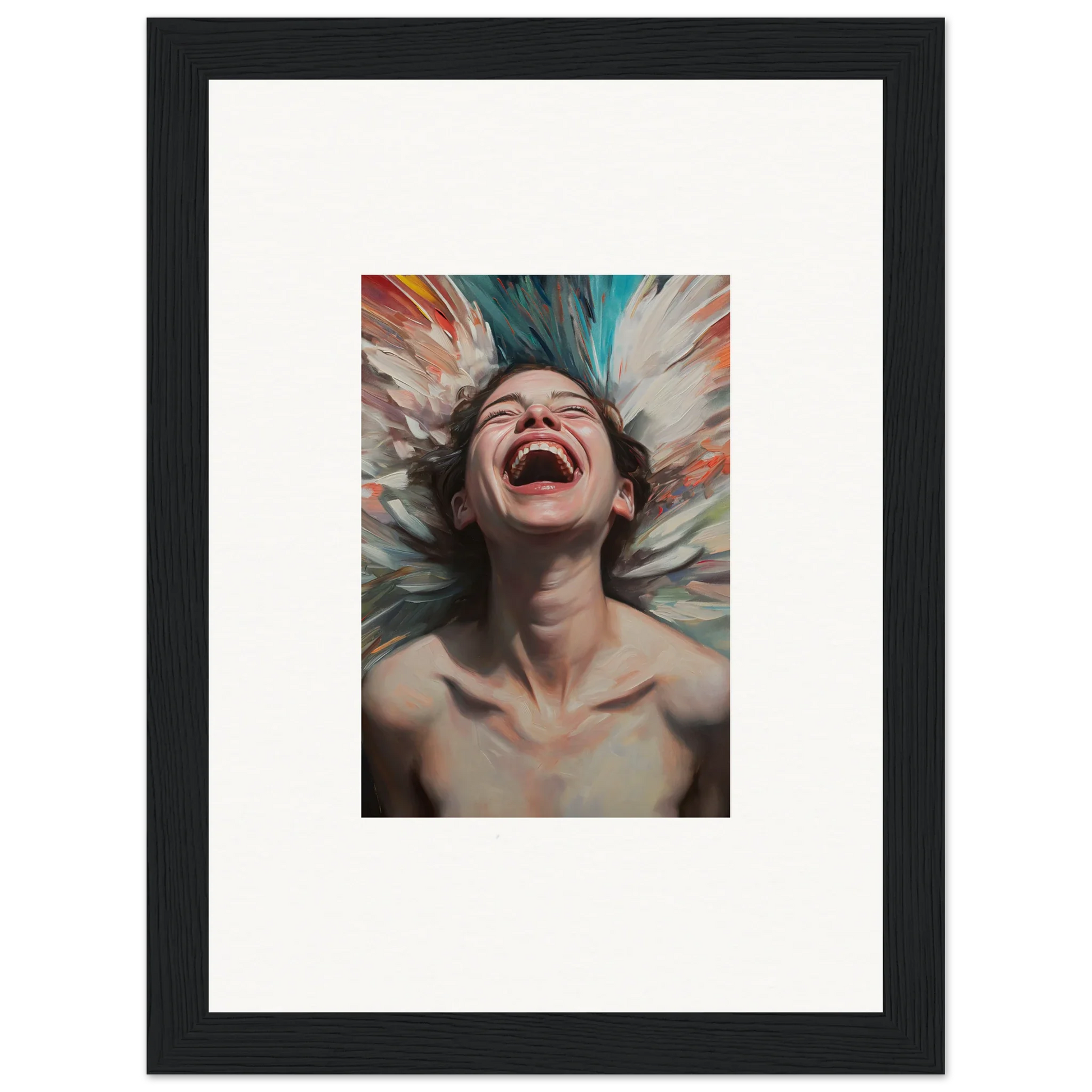 Exuberant laughing person with colorful brush strokes, perfect for Aura Bloom room decoration