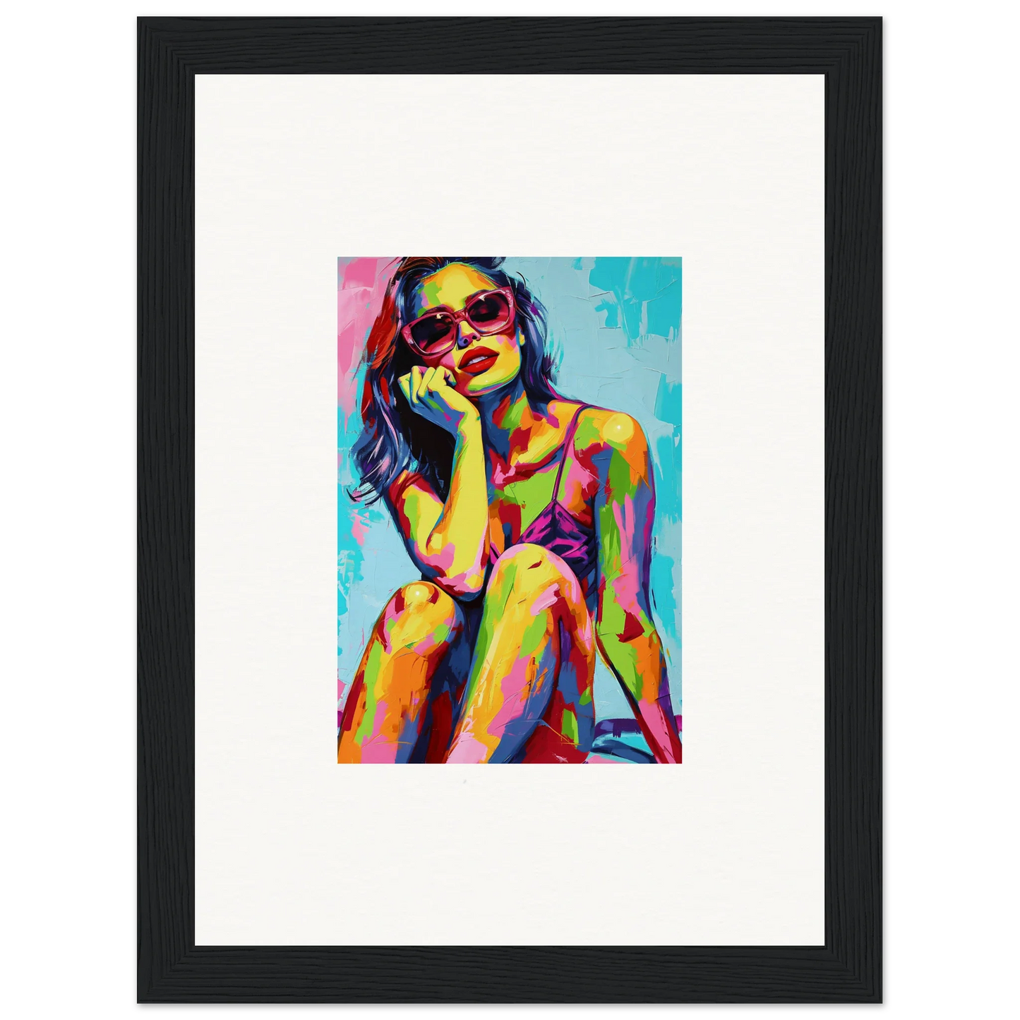 Colorful pop art portrait of a woman in sunglasses for mindscape reverie room decoration