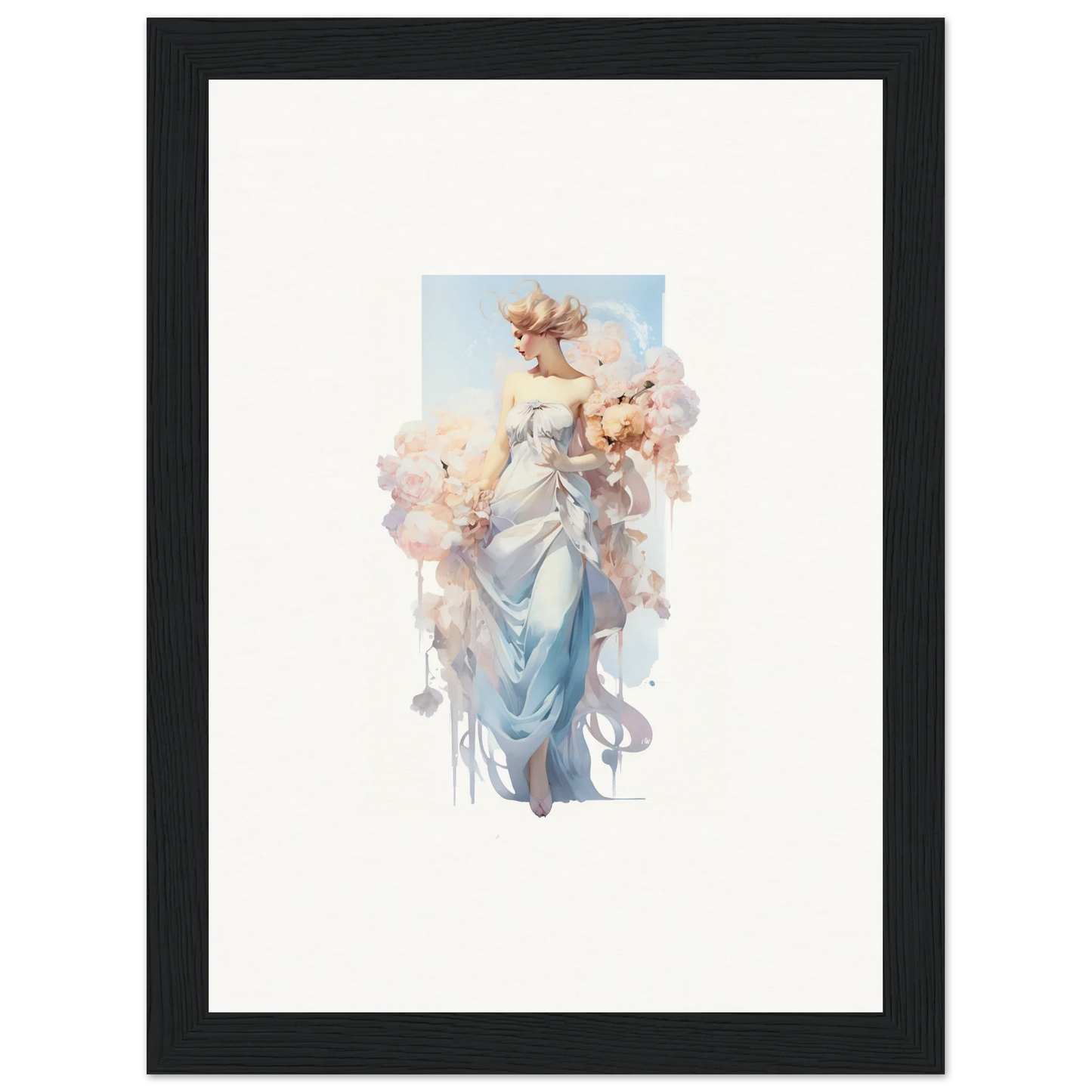 Framed watercolor of an ethereal woman in blue dress, perfect for bouquet waltz room decoration