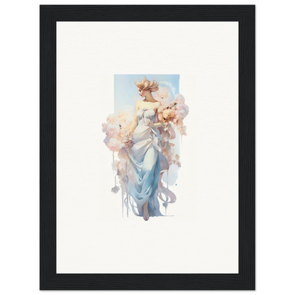 Framed watercolor of an ethereal woman in blue dress, perfect for bouquet waltz room decoration