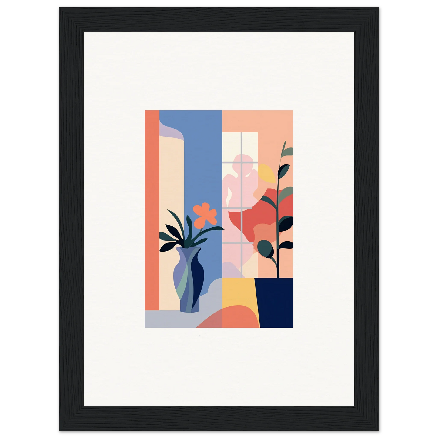 Abstract geometric canvas print of stylized plants and vases for trendy room decoration