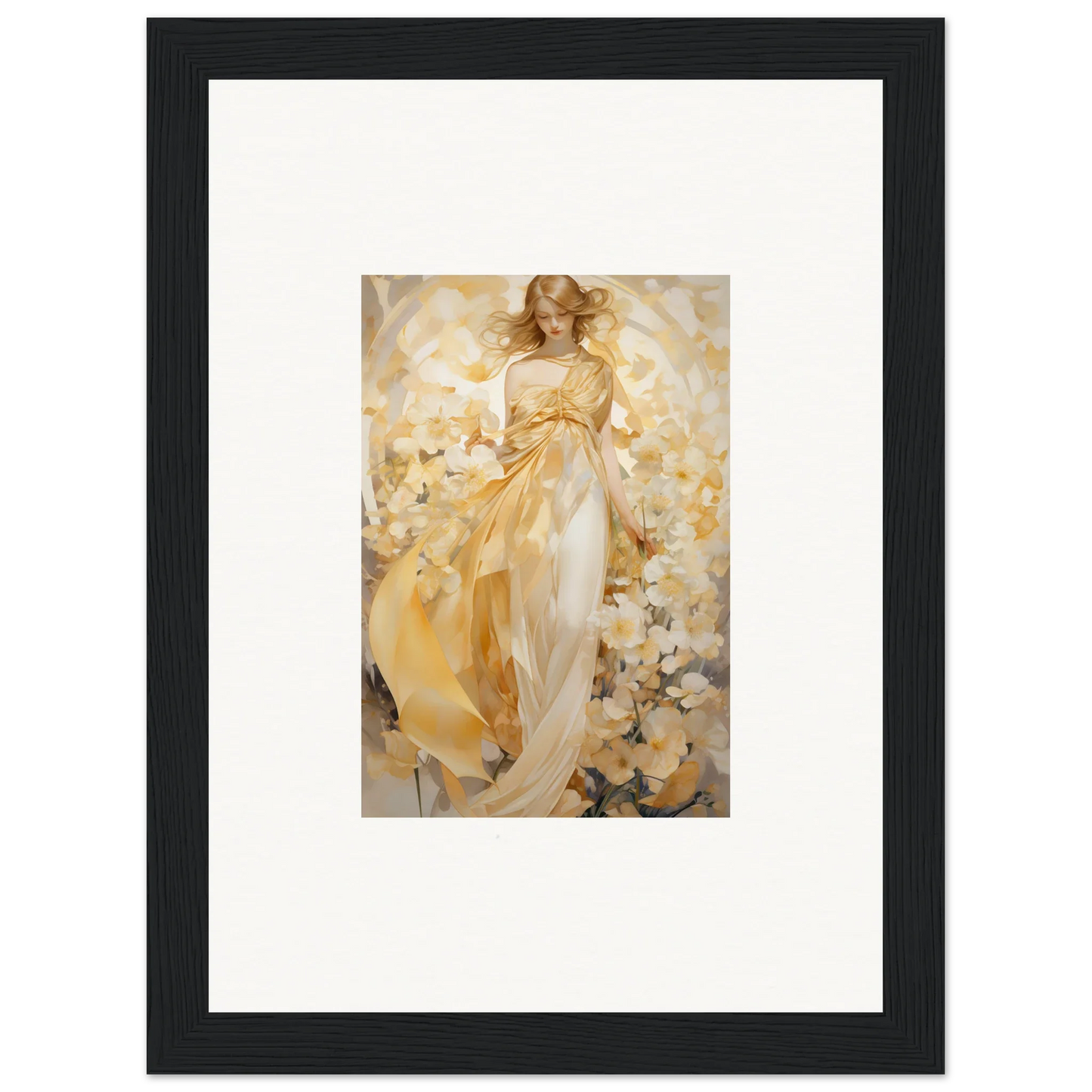 Framed canvas print of an ethereal woman in a golden dress for room decoration