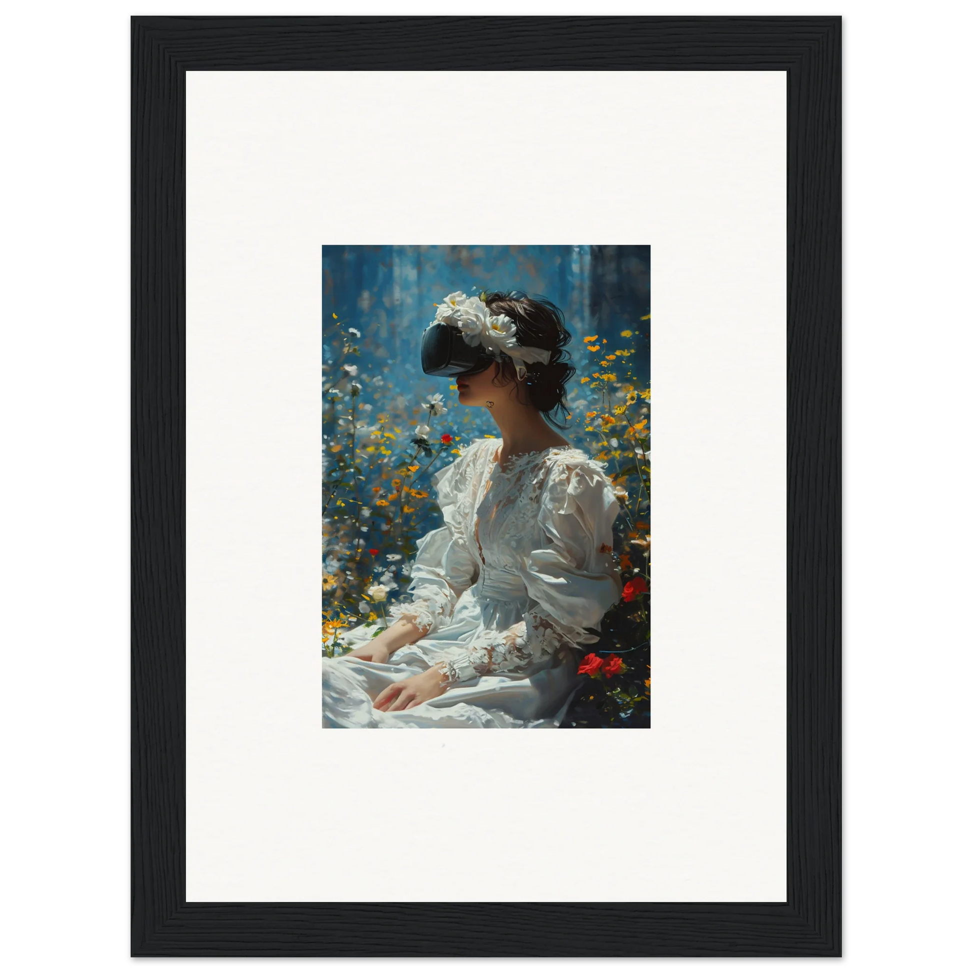 Framed canvas print of a woman in a white dress for bloom reverie room decoration