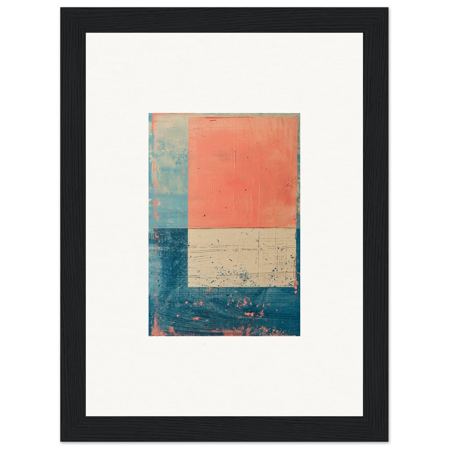 Framed canvas print of Surreal Palette Whispers with coral, blue, and beige color blocks