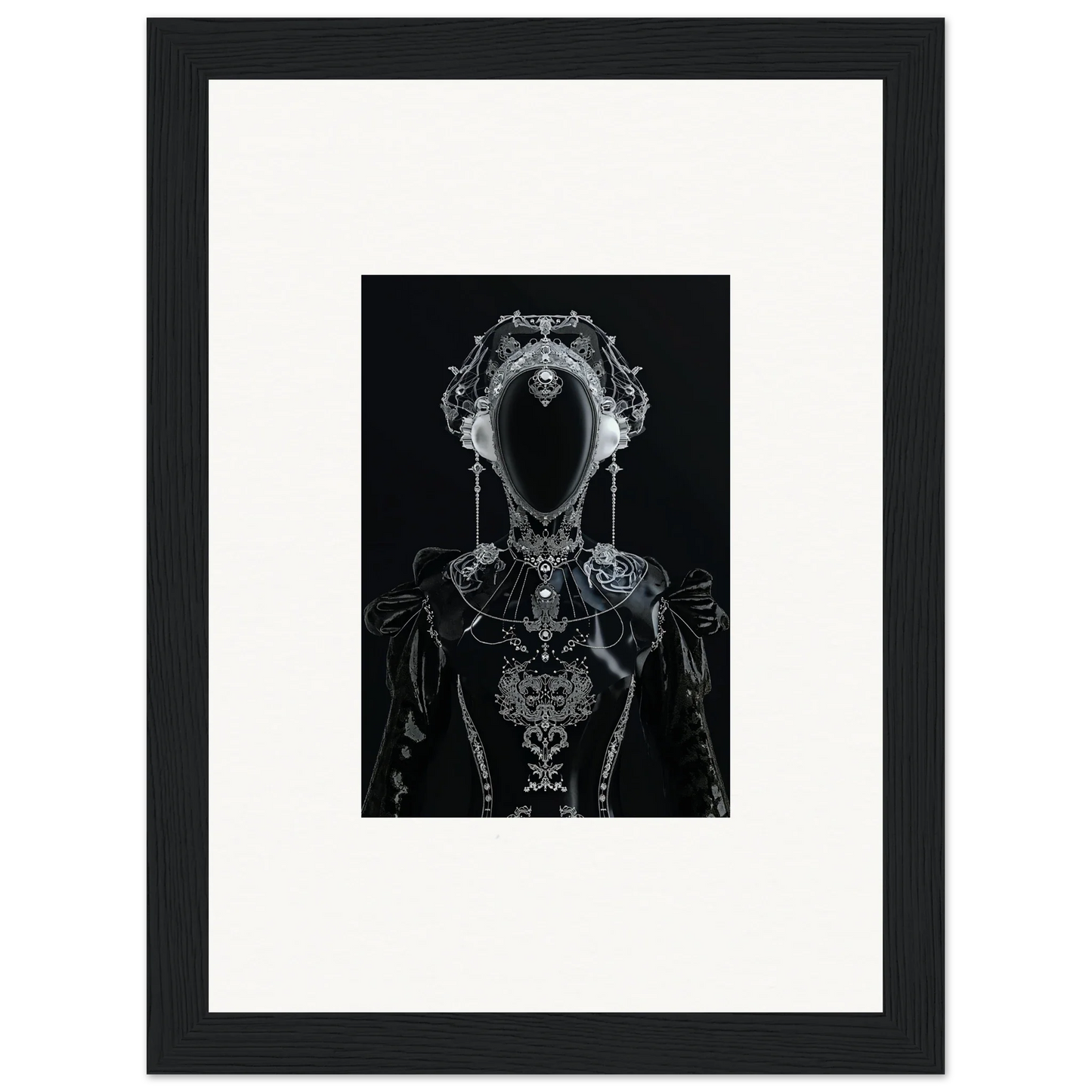 Ornate skeletal figure canvas print with jewelry, perfect for unique room decoration