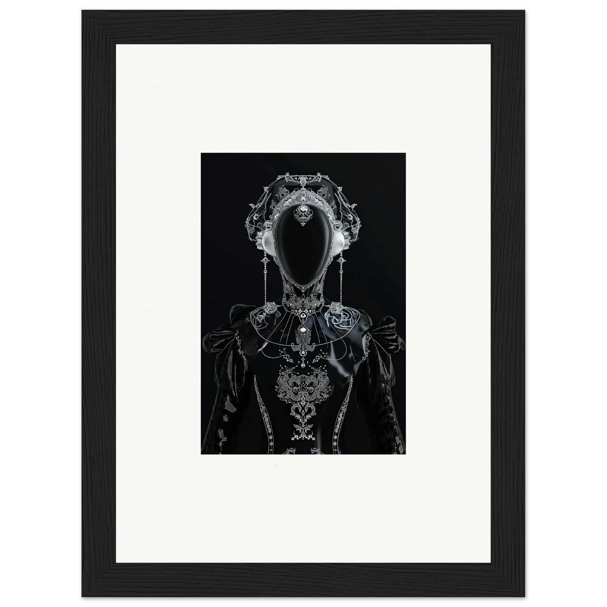 Ornate skeletal figure canvas print with jewelry, perfect for unique room decoration