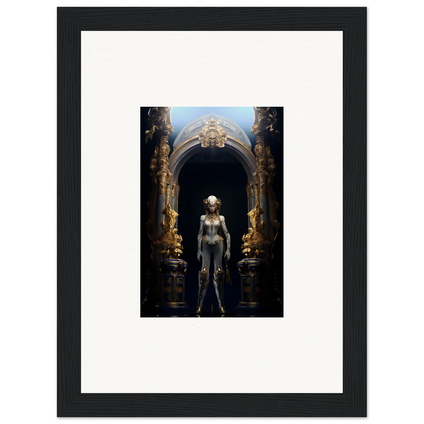 Framed canvas print of a metallic humanoid in an ornate archway for Griffinscape Synergy room decoration