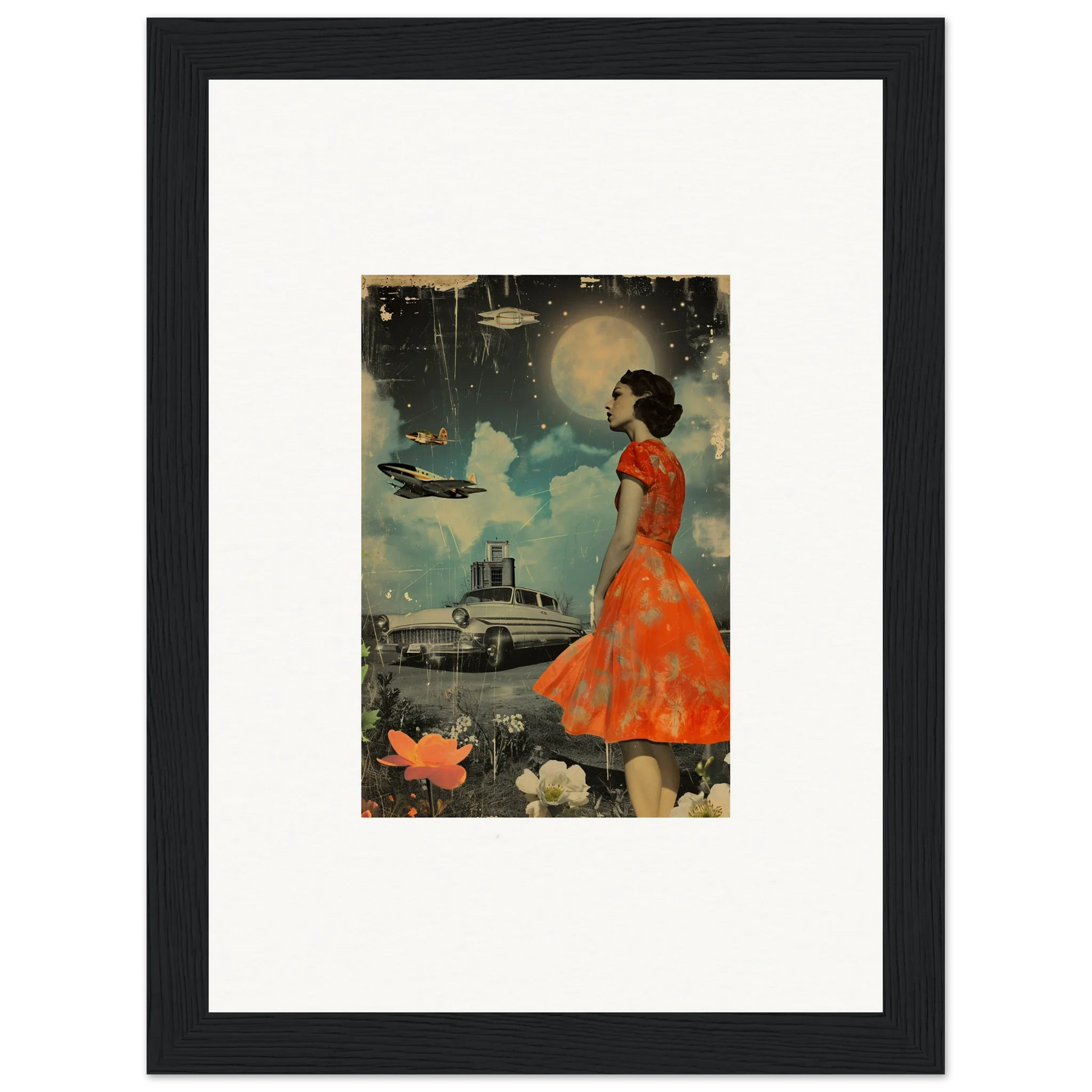 Framed canvas print of a woman in a red dress from Veil Tales for unique room decoration