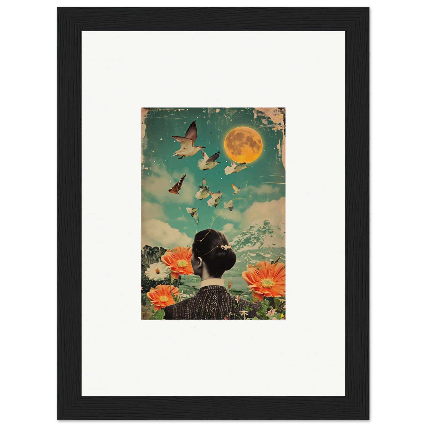 Framed canvas print of a woman’s back with butterflies and moon for dreamy bloom reverie