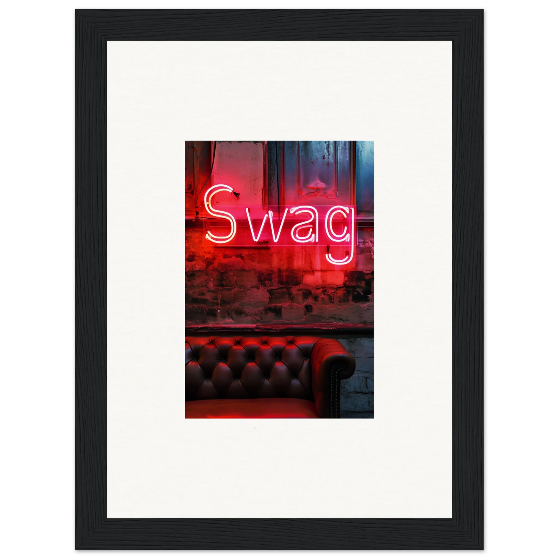 Neon red Swag sign above tufted leather, perfect for room decoration or wall art