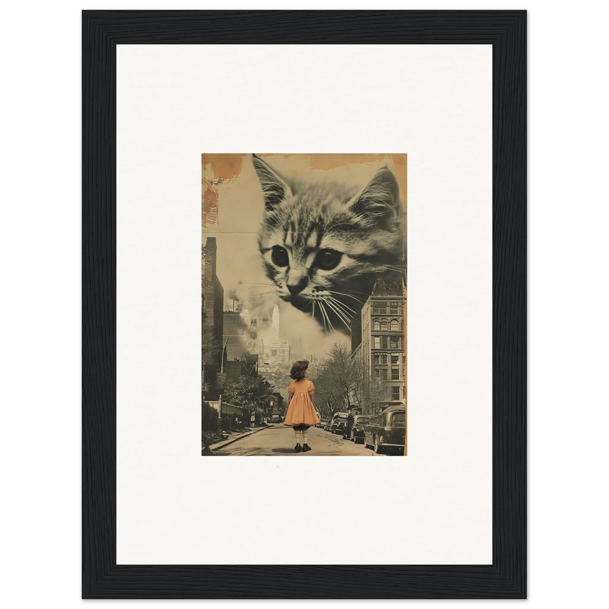 Framed canvas print of a giant cat’s face over a city, perfect for unique room decoration