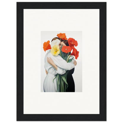 Framed canvas print of Floral Vortex Embrace with colorful flowers and embracing figures