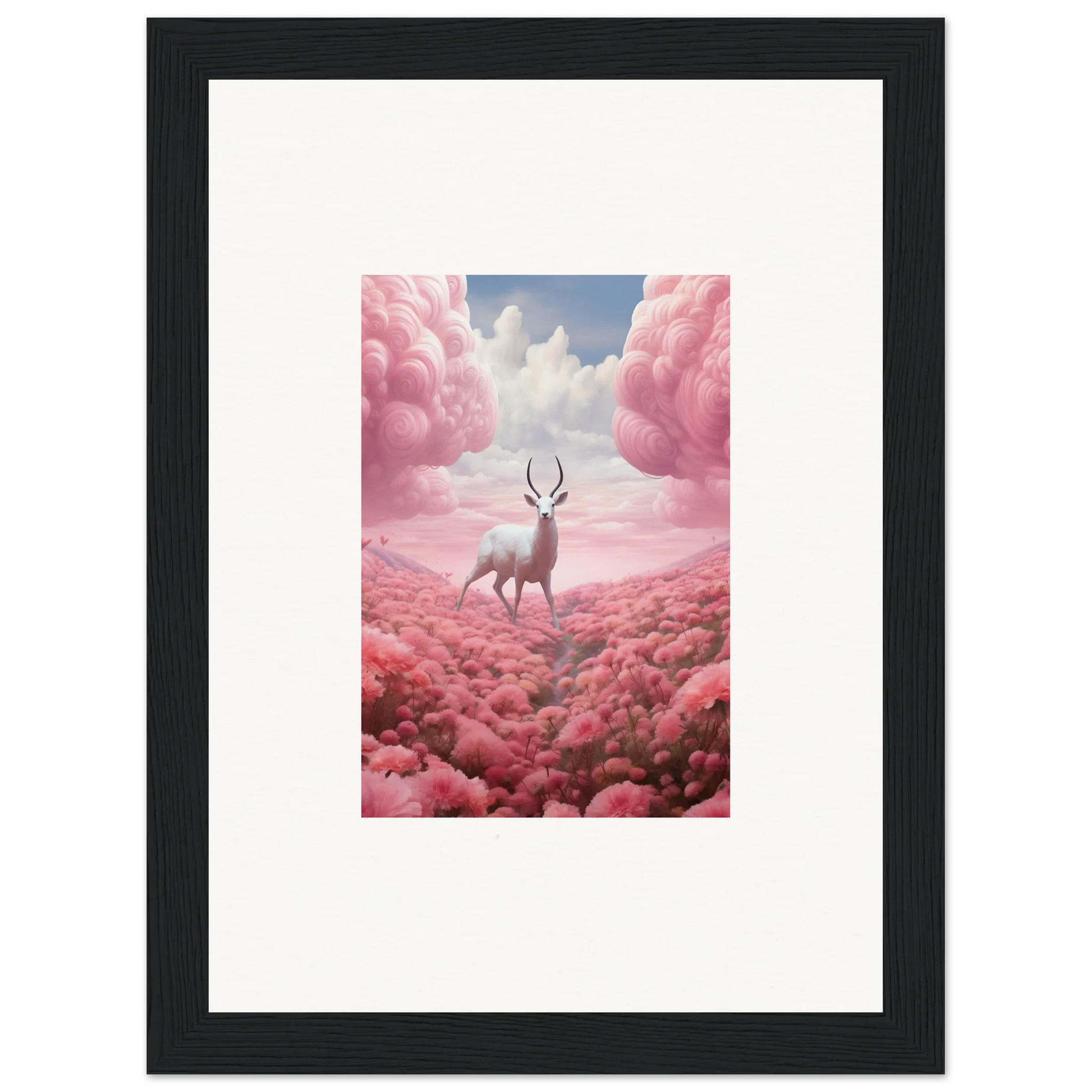 Deer with antlers in pink clouds for eye-catching berry collision canvas print