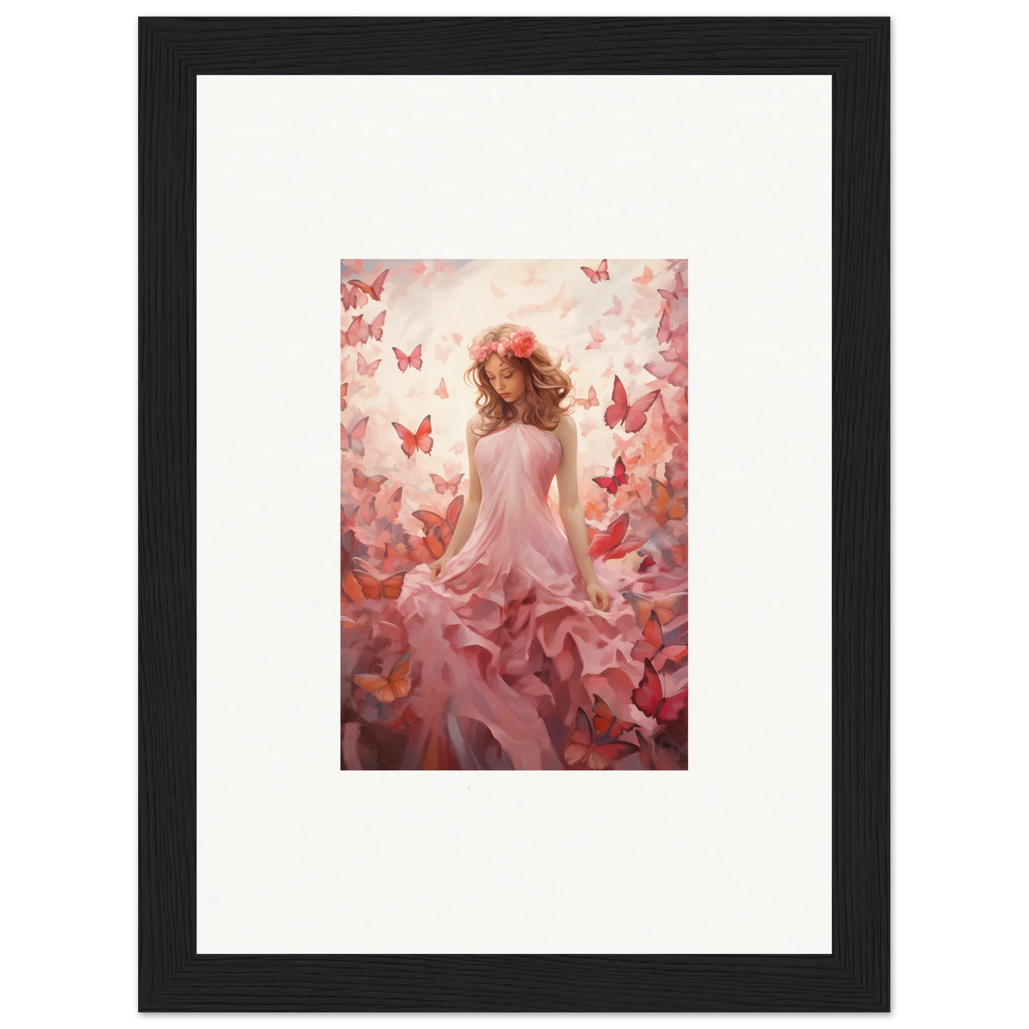 Framed canvas print of a woman in a pink dress with butterflies for autumn lattice room decoration