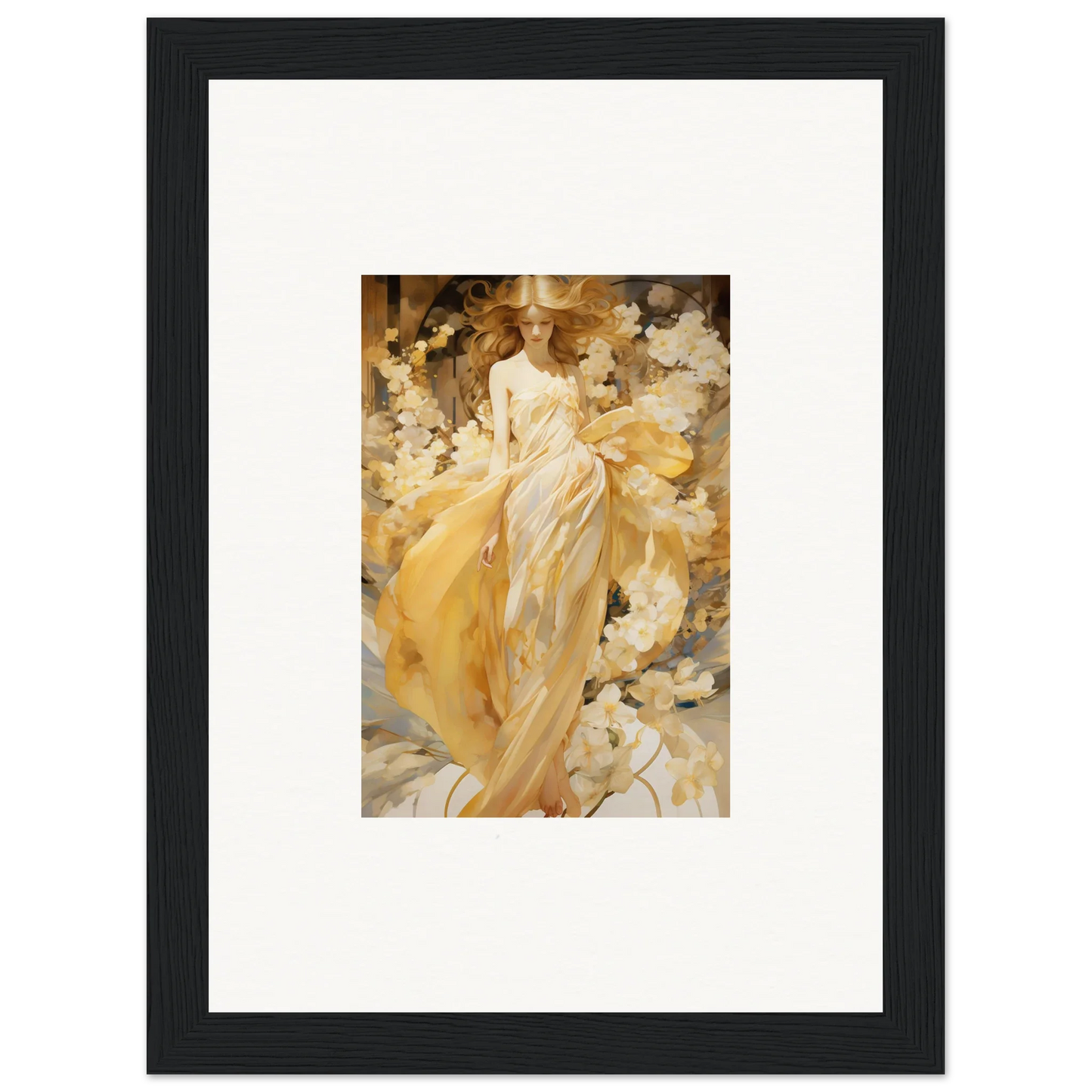 Framed canvas print of a woman in yellow dress for petal serenade room decoration