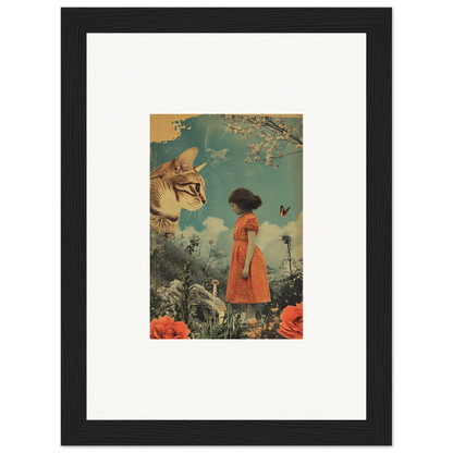 Framed surrealist canvas print of a girl in a red dress and a giant cat, perfect for daydream whisperannels vibes