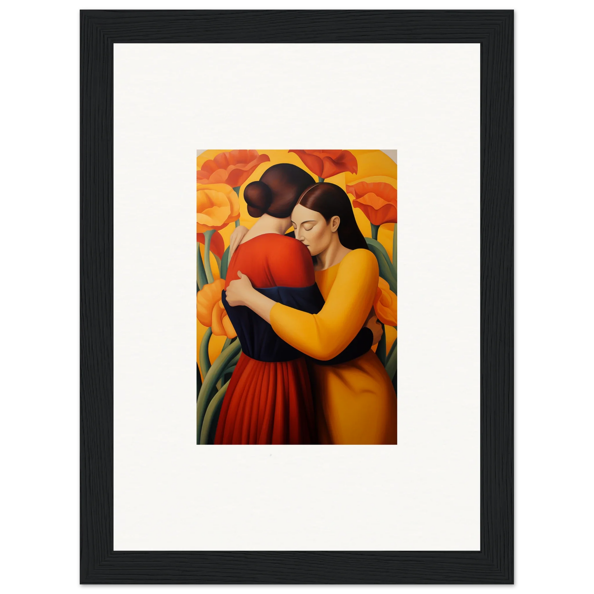 Framed canvas print of two women embracing, perfect for floral fondness room decoration