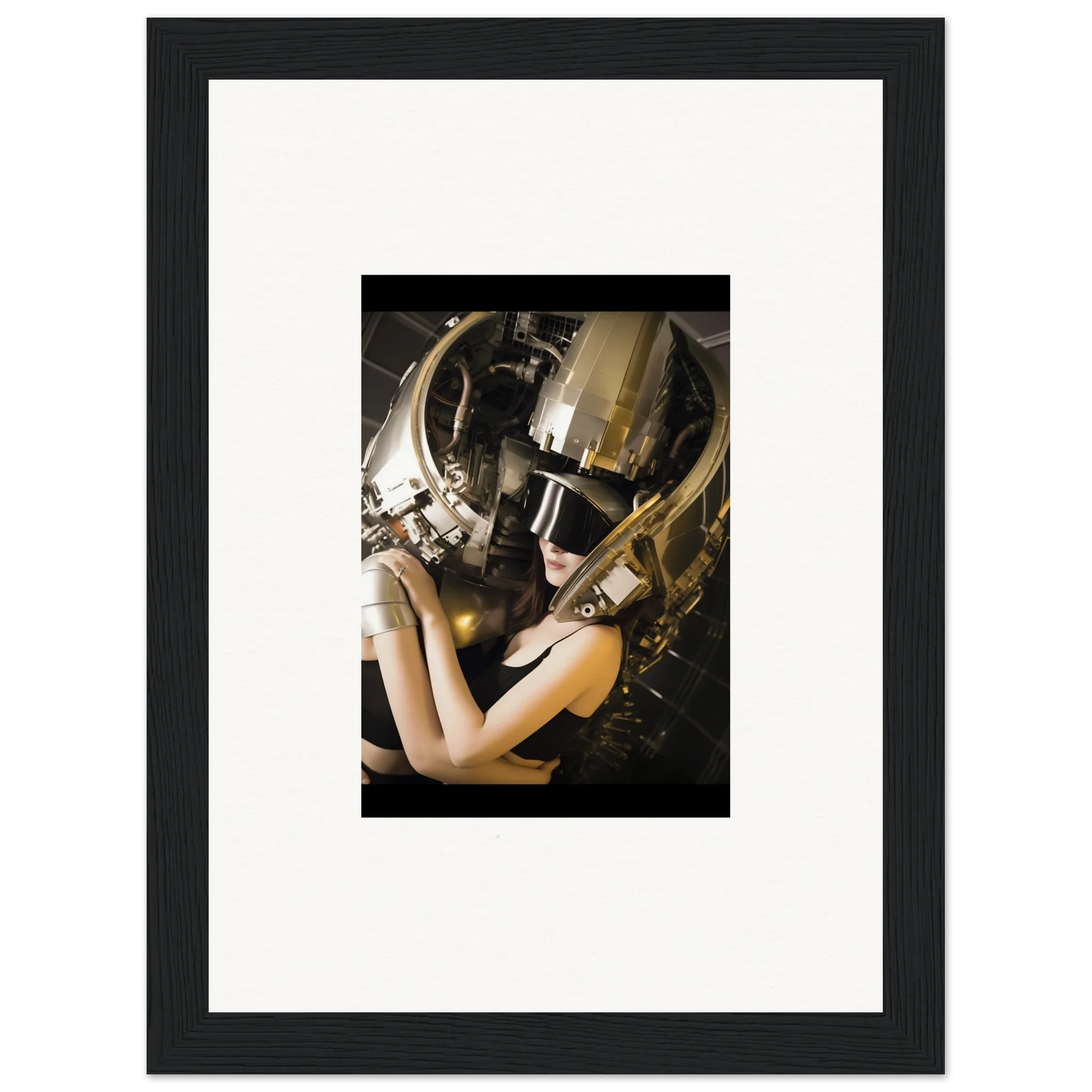 Framed wall art of a person in a gold and black helmet for unique room decoration