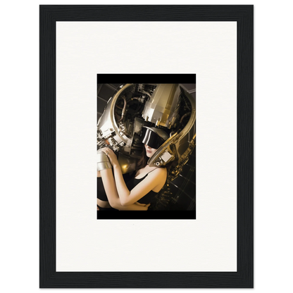 Framed wall art of a person in a gold and black helmet for unique room decoration