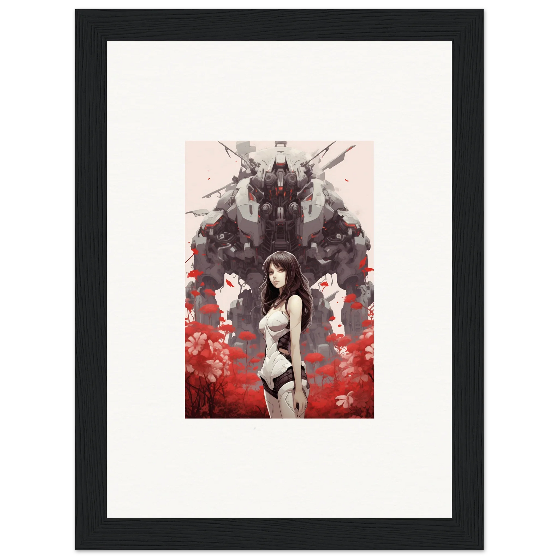 Framed canvas print of an anime woman in Mechanical Amour Reverie for unique room decoration