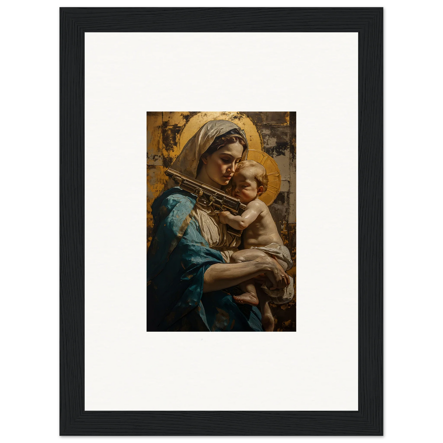 Framed canvas print of a woman in blue with a child, perfect for loving sentinence room decoration