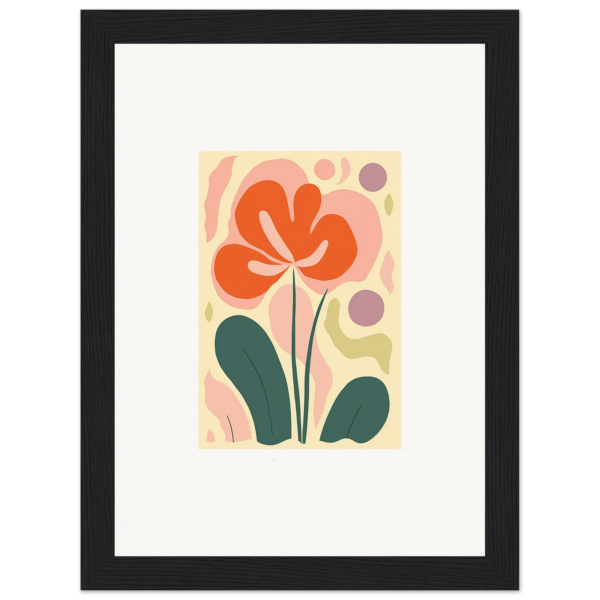 Stylized orange flower with green leaves for a canvas print, perfect for room decoration