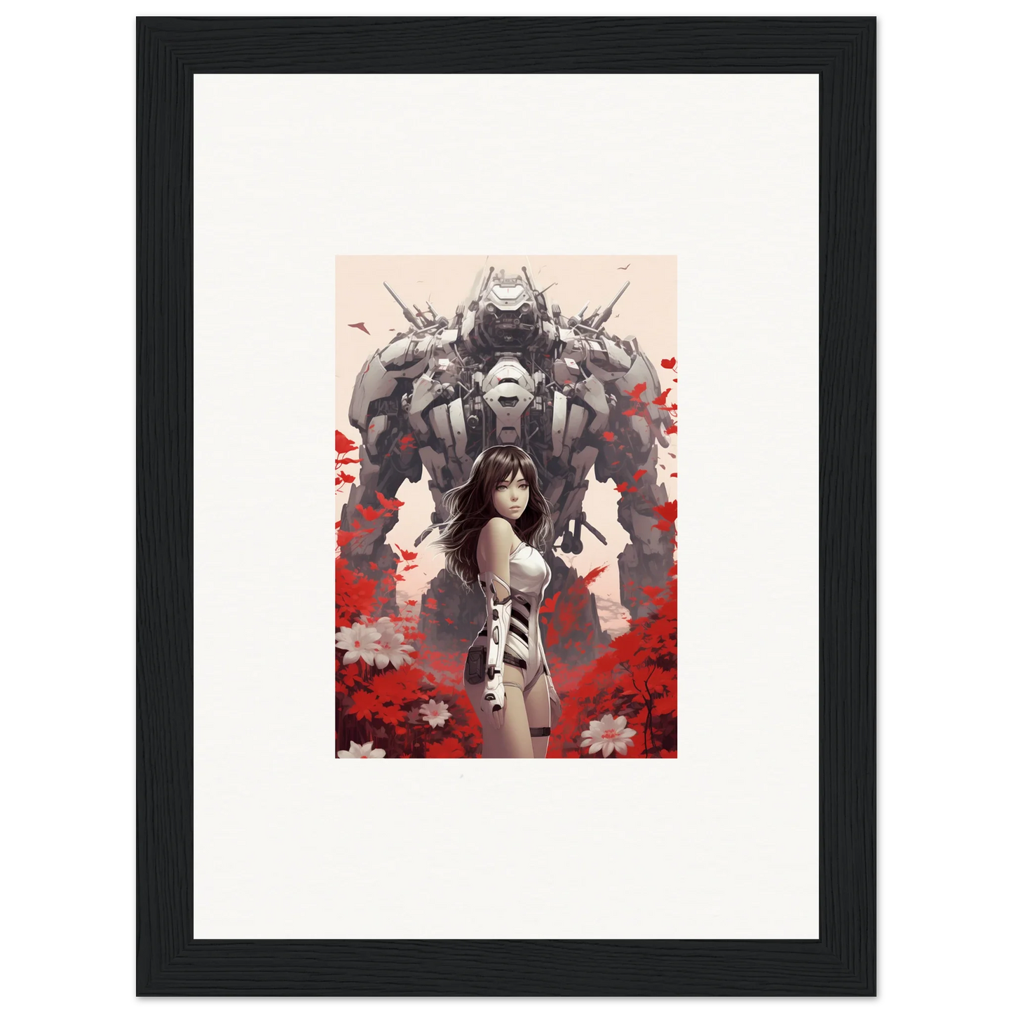 Framed poppy lucidity canvas print of a woman with a robotic figure for cool room decoration