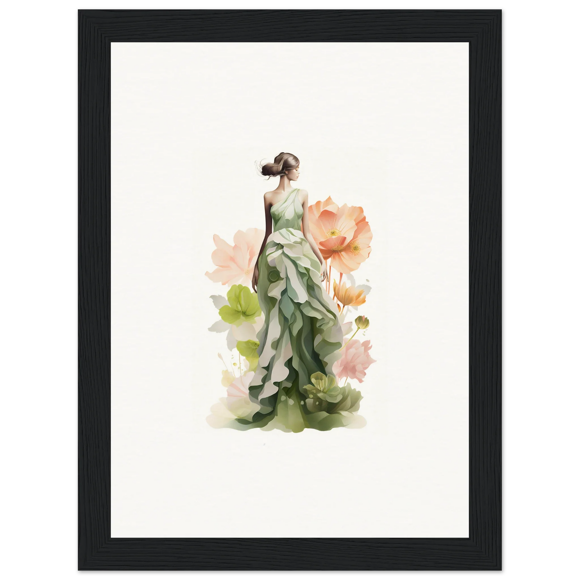 Watercolor canvas print of a woman in green dress, perfect for spring symphony room decoration