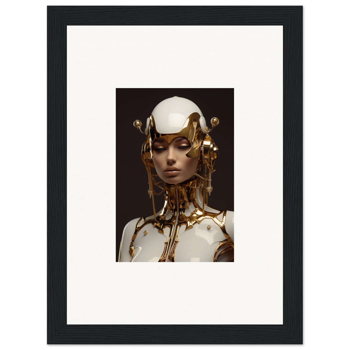 Futuristic humanoid figure with gold details, perfect for wall art or room decoration